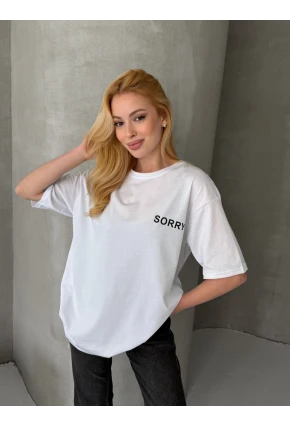Sorry Yazılı Sırt Baskılı Oversize Kadın Tişört Beyaz