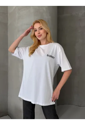 Sorry Yazılı Sırt Baskılı Oversize Kadın Tişört Beyaz