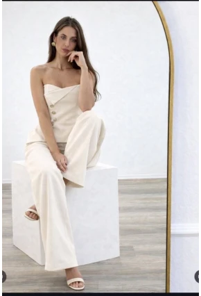 Straplez Bluz ve Pantalon Alt Üst Takım Ekru