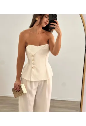 Straplez Bluz ve Pantalon Alt Üst Takım Ekru