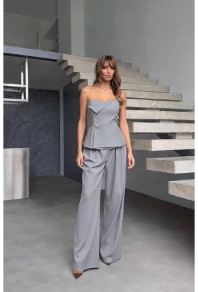 Straplez Bluz ve Pantalon Alt Üst Takım Gri