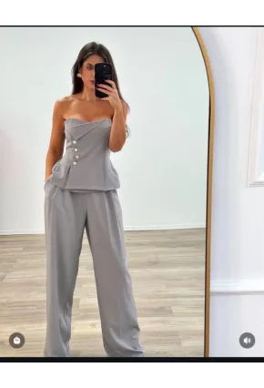 Straplez Bluz ve Pantalon Alt Üst Takım Gri