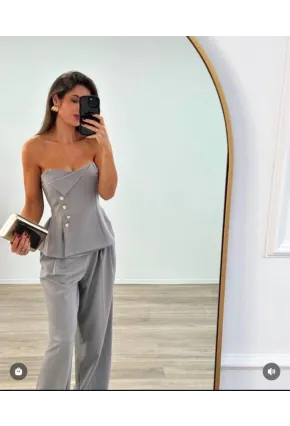 Straplez Bluz ve Pantalon Alt Üst Takım Gri