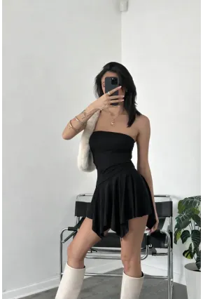 Straplez Mini Elbise Volan Detaylı Fit Kesim Yazlık Şık Elbise Siyah