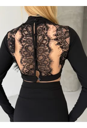 Suyolu Dantel Detaylı Sırt Dekolte Siyah Mini Elbise