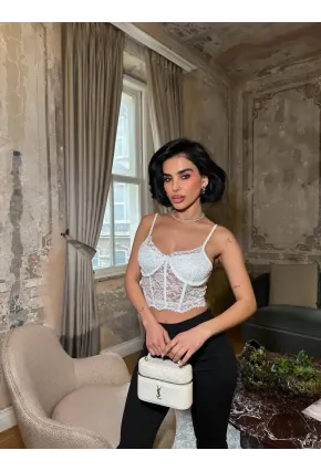Taş Detay Dantel Crop Büstiyer