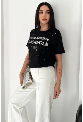 Taş Detaylı Yazılı Tişört Siyah