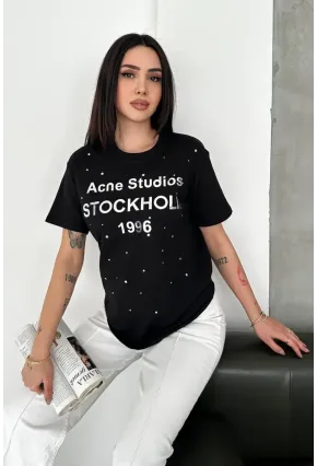 Taş Detaylı Yazılı Tişört Siyah