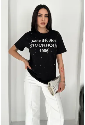 Taş Detaylı Yazılı Tişört Siyah