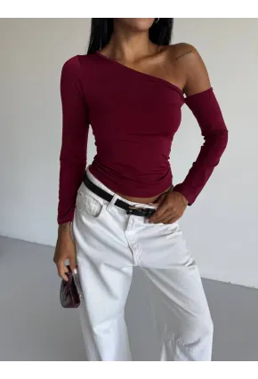 Tek Omuz Kol Detay Sandy Bluz Bordo