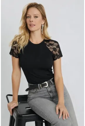Kadın Siyah Dantel Kol Detaylı Bluz