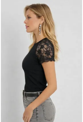 Kadın Siyah Dantel Kol Detaylı Bluz