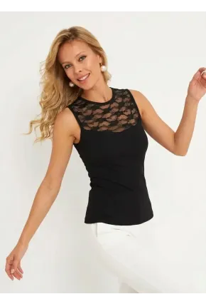 Kadın Kolsuz Yaka Dantel Detay Siyah Bluz