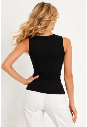 Kadın Kolsuz Yaka Dantel Detay Siyah Bluz