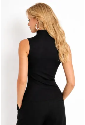 Kadın Yaka Fermuar Detay Kolsuz Siyah Bluz