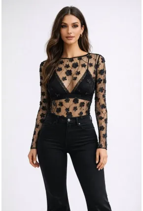 Siyah Transparan Çiçek Aplikeli Bluz