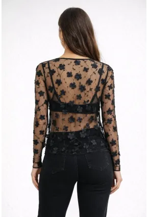 Siyah Transparan Çiçek Aplikeli Bluz