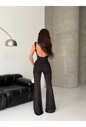 Tül Taşlı Kolsuz Tulum Siyah