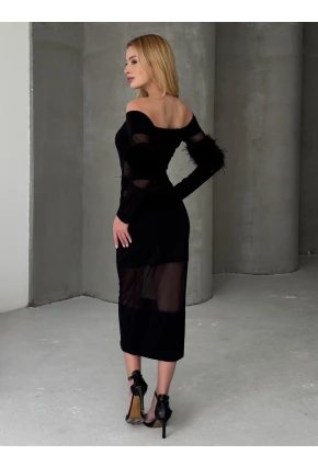 Tüy Detaylı Full Likralı Midi Boy Elbise