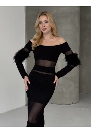 Tüy Detaylı Full Likralı Midi Boy Elbise