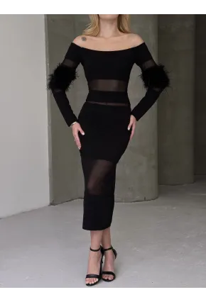 Tüy Detaylı Full Likralı Midi Boy Elbise