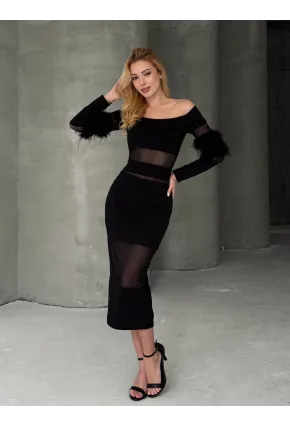 Tüy Detaylı Full Likralı Midi Boy Elbise