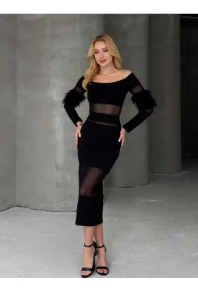 Tüy Detaylı Full Likralı Midi Boy Elbise