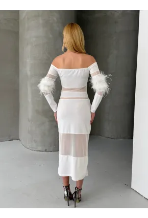 Tüy Detaylı Full Likralı Midi Boy Elbise Beyaz