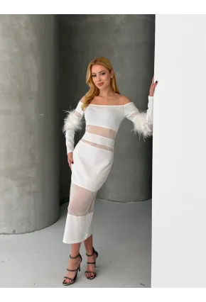 Tüy Detaylı Full Likralı Midi Boy Elbise Beyaz