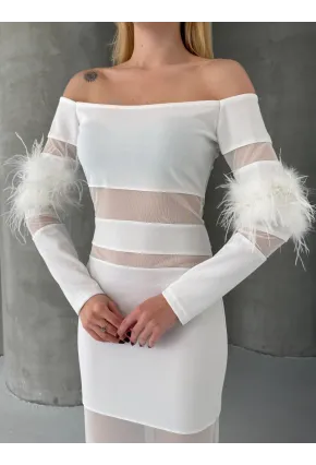 Tüy Detaylı Full Likralı Midi Boy Elbise Beyaz