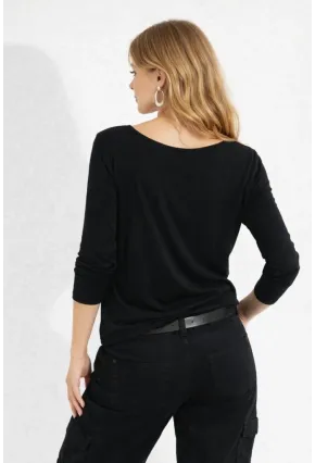 U Yaka Viskon Uzun Kollu Siyah Bluz
