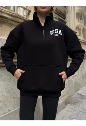 USA College Siyah Fermuarlı Oversize Sweatshirt