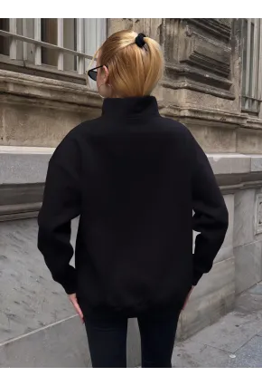 USA College Siyah Fermuarlı Oversize Sweatshirt