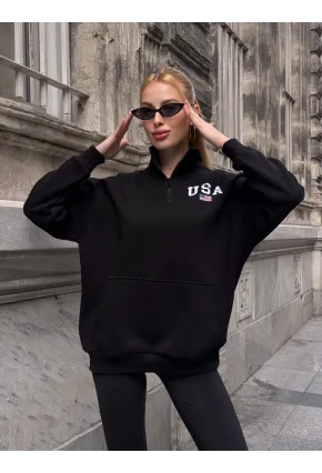 USA College Siyah Fermuarlı Oversize Sweatshirt