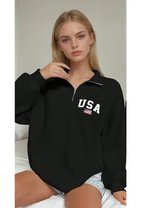 USA College Siyah Fermuarlı Oversize Sweatshirt