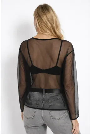 Uzun Kollu Transparan Tül Bluz – Oversize Kesim Siyah Bluz