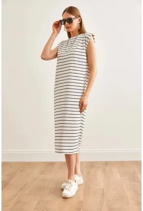Vatkalı Çizgili Midi Elbise Beyaz