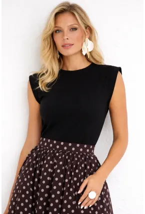 Vatkalı Omuz Detaylı Siyah Üst Puantiyeli Midi Elbise