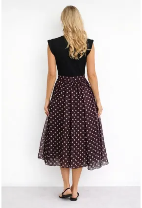 Vatkalı Omuz Detaylı Siyah Üst Puantiyeli Midi Elbise