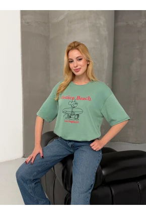 Venice Beach Baskılı Oversize Kadın Tişört – Mint Yeşil