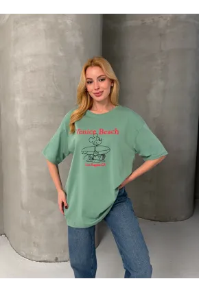 Venice Beach Baskılı Oversize Kadın Tişört – Mint Yeşil