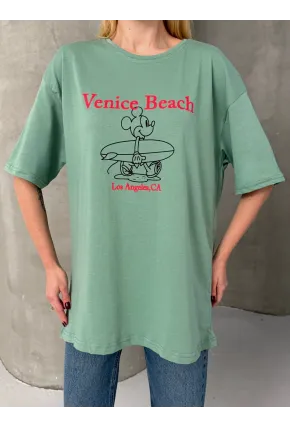 Venice Beach Baskılı Oversize Kadın Tişört – Mint Yeşil