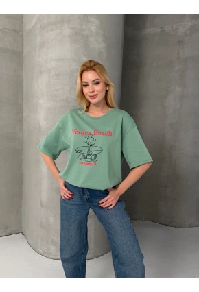 Venice Beach Baskılı Oversize Kadın Tişört – Mint Yeşil