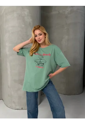 Venice Beach Baskılı Oversize Kadın Tişört – Mint Yeşil