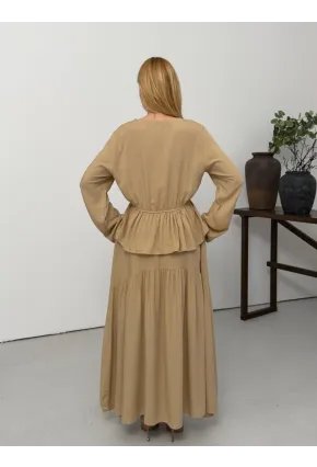 Viskon Kumaş Fermuar Detaylı Alt Üst Takım Bej