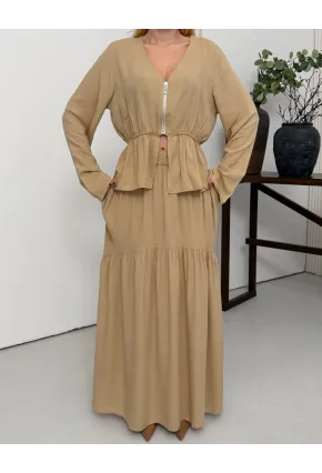 Viskon Kumaş Fermuar Detaylı Alt Üst Takım Bej