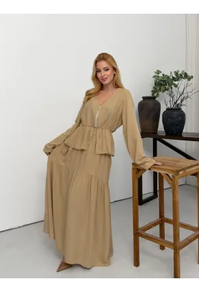 Viskon Kumaş Fermuar Detaylı Alt Üst Takım Bej