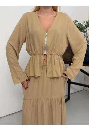 Viskon Kumaş Fermuar Detaylı Alt Üst Takım Bej