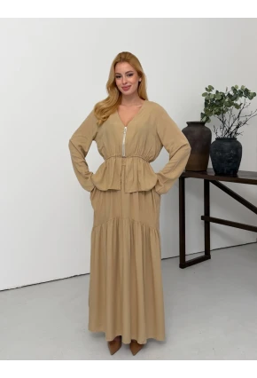 Viskon Kumaş Fermuar Detaylı Alt Üst Takım Bej