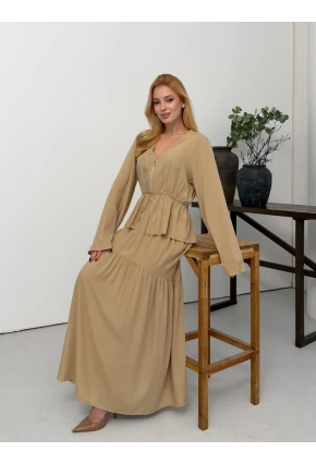 Viskon Kumaş Fermuar Detaylı Alt Üst Takım Bej